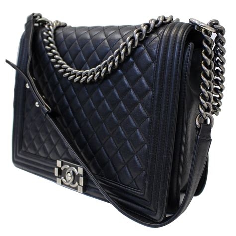 chanel bags black chain large boy|Black Chanel leather shoulder bag.